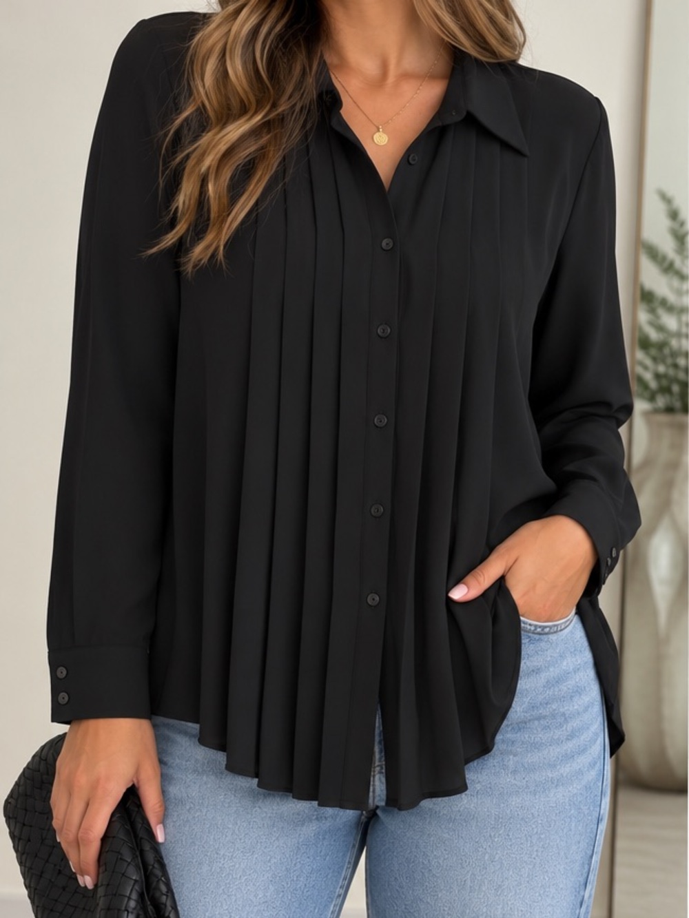 Aritzia Black Pleated Button-Down Blouse
